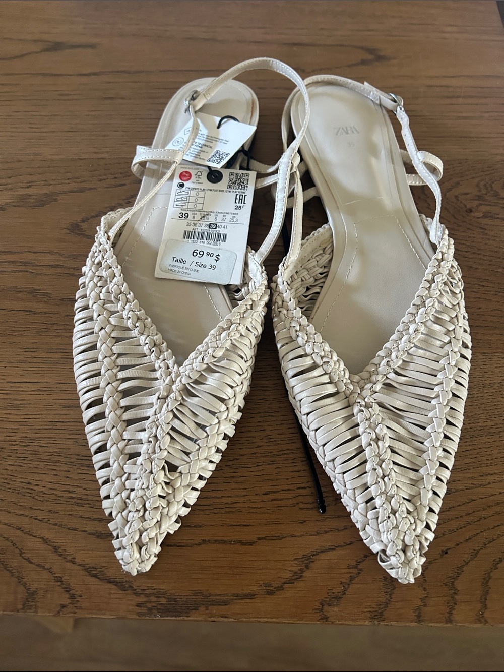 Zara Cream Woven Pointed Slingback Heels